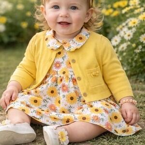 Good Lad Baby Girls 12M Yellow Sunflower Cardigan Dress Set Peter Pan Collar‎